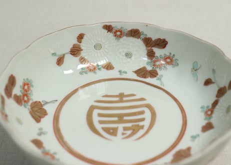 明治前期色絵三方菊図通り物なます皿
