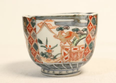 明治前期色絵富士と鷹に兜図角向付 ５客組