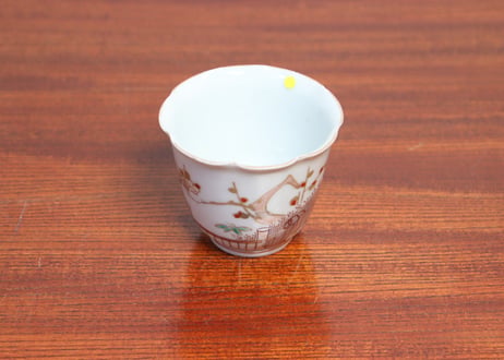 江戸中期色絵芝垣に梅と鶯図輪花向付 五客組 1ヶノミホツ