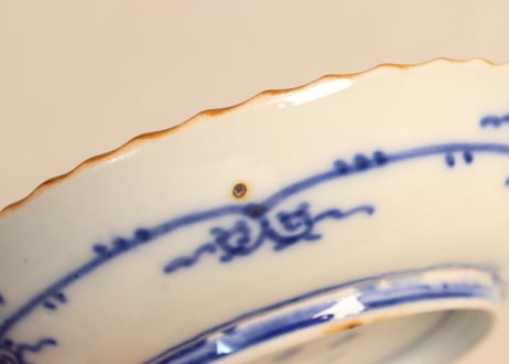 明治前期染付三方に山水窓絵と萩唐草図イゲ縁通り物小皿