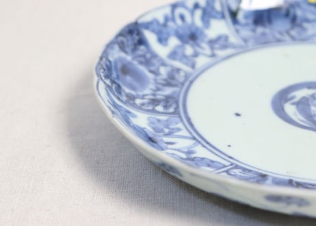 江戸中期染付十方に花図7寸皿 ホツ