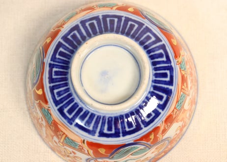明治後期～大正色絵桜と波千鳥図通り物飯茶碗
