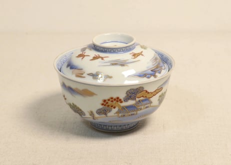 明治前期金彩染付山水図通り物飯茶碗②薄め