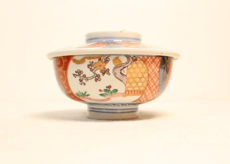明治前期色絵梅と鶯に鳥籠図通り物蒸茶碗①