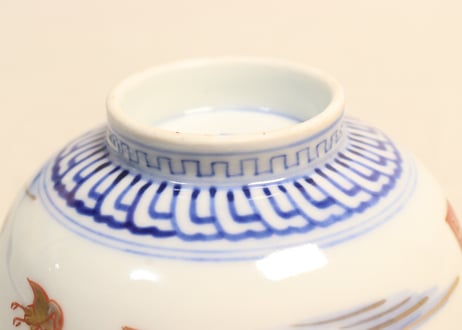 明治前期金彩染付山水図通り物飯茶碗①濃いめ
