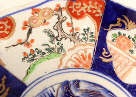 明治前期色絵山水と菊図7寸皿