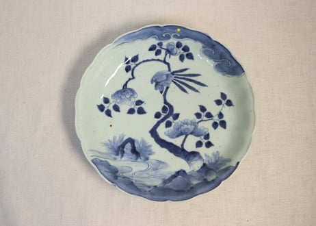 江戸中期染付花鳥図尺深皿　ニュウ