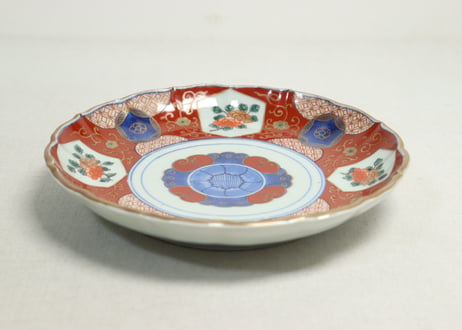江戸幕末色絵牡丹と青玉図通り物7寸皿②少かたつき