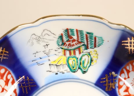 昭和戦前ゴム判色絵山水と梅図なます皿