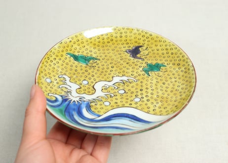 明治後期～大正九谷焼色絵波千鳥図5寸皿5客組　1客釉剥げ