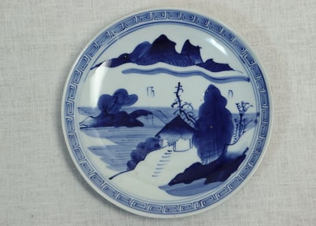 江戸幕末染付山水図7寸皿
