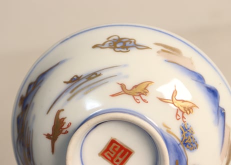 明治前期金彩染付山水図通り物飯茶碗②薄め