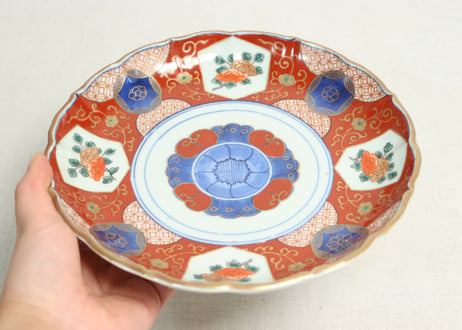 江戸幕末色絵牡丹と青玉図通り物7寸皿②少かたつき