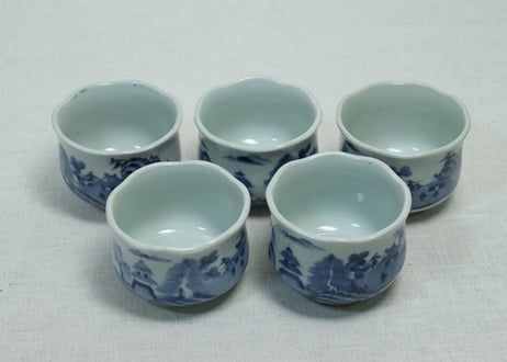 江戸幕末染付山水図輪花向付 5客組