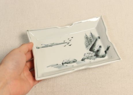 大正~昭和戦前ゴム判山水図長角皿