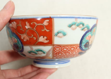 明治前期色絵市松に松竹梅図蒸茶碗④少甘手,ひっつき