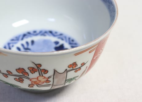 明治前期色絵三方に竹梅図通り物飯茶碗