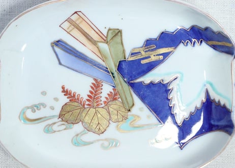 明治前期色絵富士と桐図楕円皿