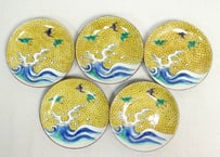 明治後期～大正九谷焼色絵波千鳥図5寸皿5客組　1客釉剥げ