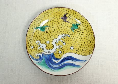 明治後期～大正九谷焼色絵波千鳥図5寸皿5客組　1客釉剥げ