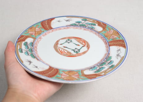明治前期色絵三方に松と鳥図7寸皿