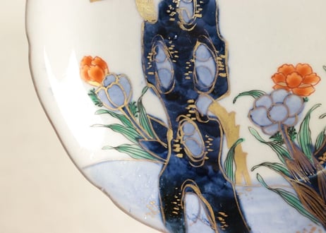 明治前期色絵梅と福寿草図6寸皿 ノミホツ