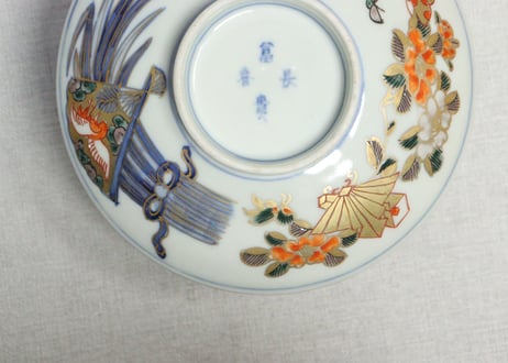 明治前期色絵牡丹と扇に春蘭図蒸茶碗①