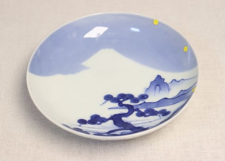 明治前期鍋島焼染付富士図5寸皿 ノミホツ,小ニュウ