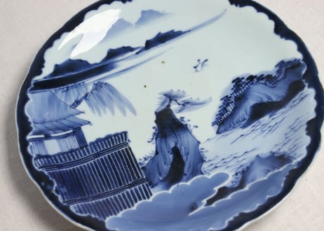 江戸幕末染付山水図尺皿 膨れ