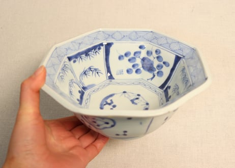 江戸幕末染付竹梅図八角鉢　ノミホツ
