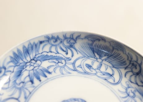 江戸幕末線描き六方に花図小皿 ノミホツ,小ニュウ