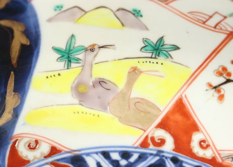 明治前期色絵松竹梅と鶴図8寸鉢②釉剥げ