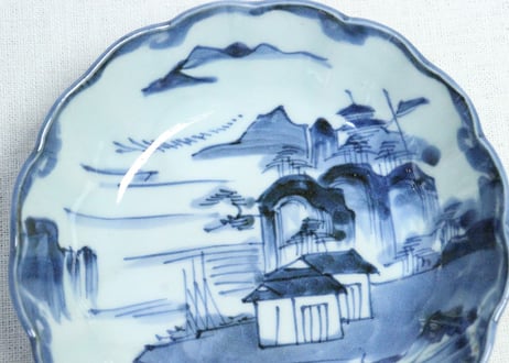 江戸幕末染付山水図ダミ縁なます皿