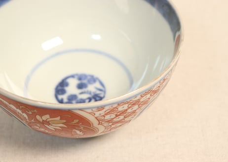 明治前期色絵獅子牡丹と幾何学文図飯茶碗①