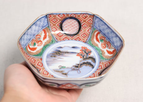 明治前期大聖寺焼色絵山水に鳳凰と幾何学文六角小鉢
