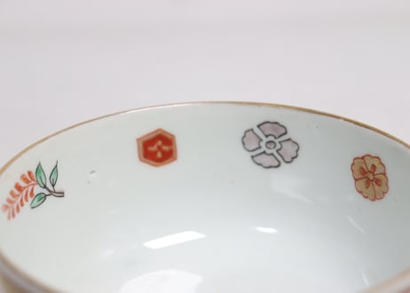 明治前期色絵網手に鶴と梅に鶯図通り物蒸茶碗①