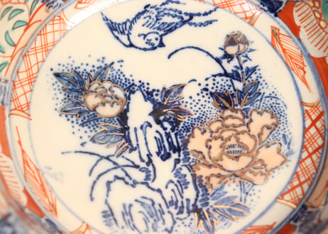 明治後期~大正紙刷色絵牡丹に鳥図三ツ組鉢