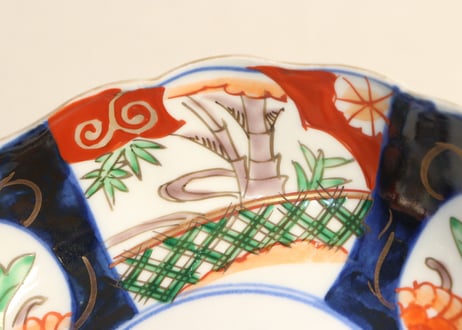 明治前期色絵桃と竹に牡丹図なます皿