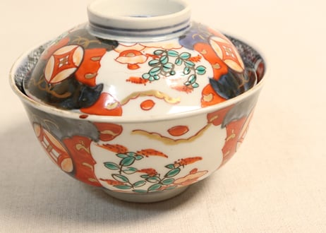 明治前期色絵萩と七宝文図飯茶碗①窯傷