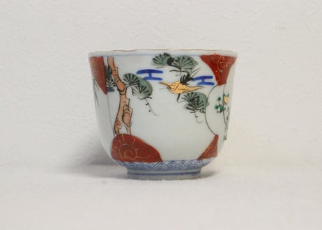 明治後期～大正銅判色絵竹林雀と松鶴図向付