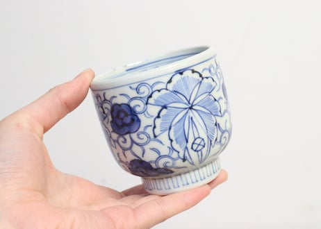 江戸幕末線描き三方に花図向付