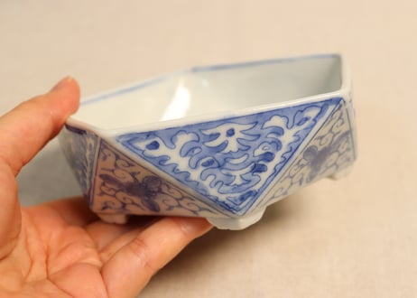 明治後期~大正銅判花図面取り五角小鉢