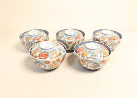 明治前期色絵四方に水仙図蓋茶碗　５客組　蓋窯傷,ノミホツあり