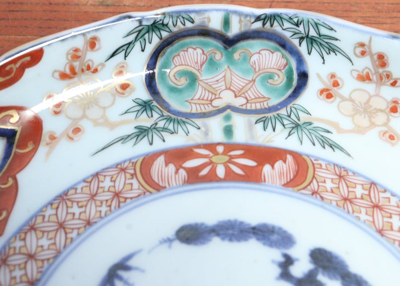 中皿 5枚 金彩 色絵付 歪み 窯傷 松竹梅 花文様 唐草 江戸 明治 中皿 5枚 金彩 色絵付 歪み 窯傷 松竹梅 花文様 唐草 江戸 明治