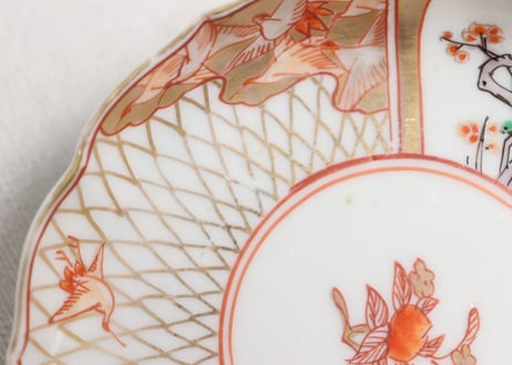 明治前期色絵網手に鶴と梅に鶯図通り物小皿①