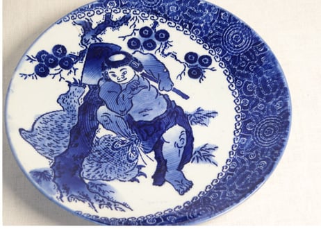 明治前期紙刷金太郎と熊図9.5寸皿　少甘手,アタリキズ,小ニュウ