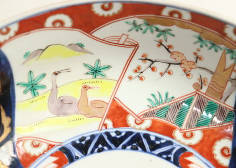 明治前期色絵松竹梅と鶴図8寸鉢①