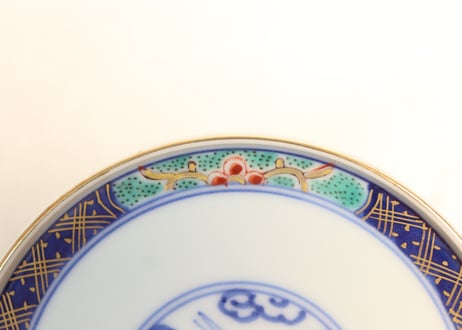 明治後期～大正大聖寺焼色絵雲鶴と松竹梅図つぼ碗