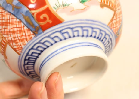 明治前期色絵梅と鶯に鳥籠図通り物蒸茶碗②　少甘手