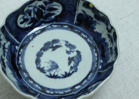江戸中期染付松竹と草花図八弁なます皿ノミホツ